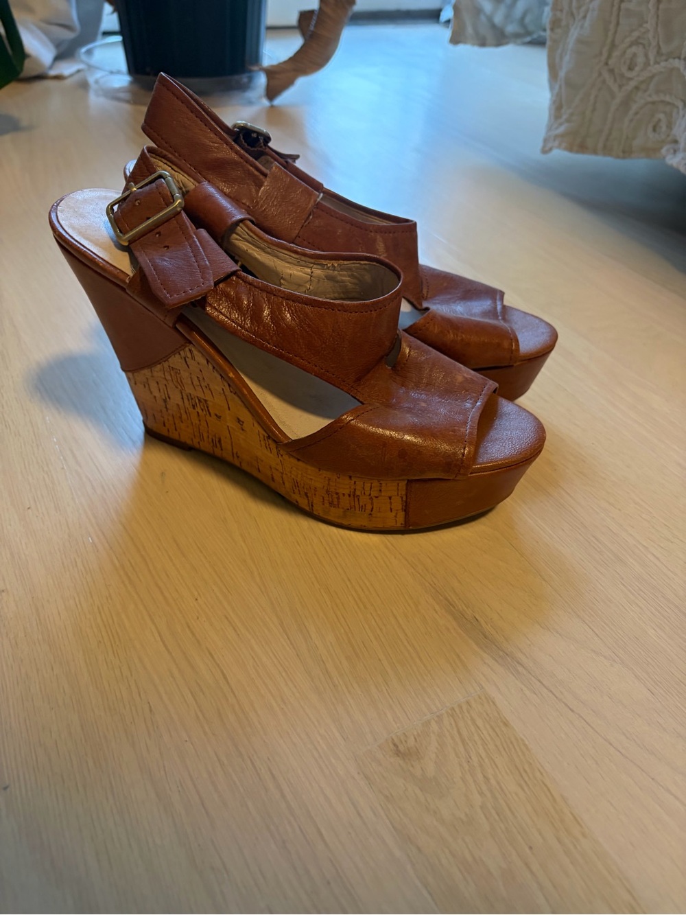 Women's Brown Leather Cork Wedge Sandals